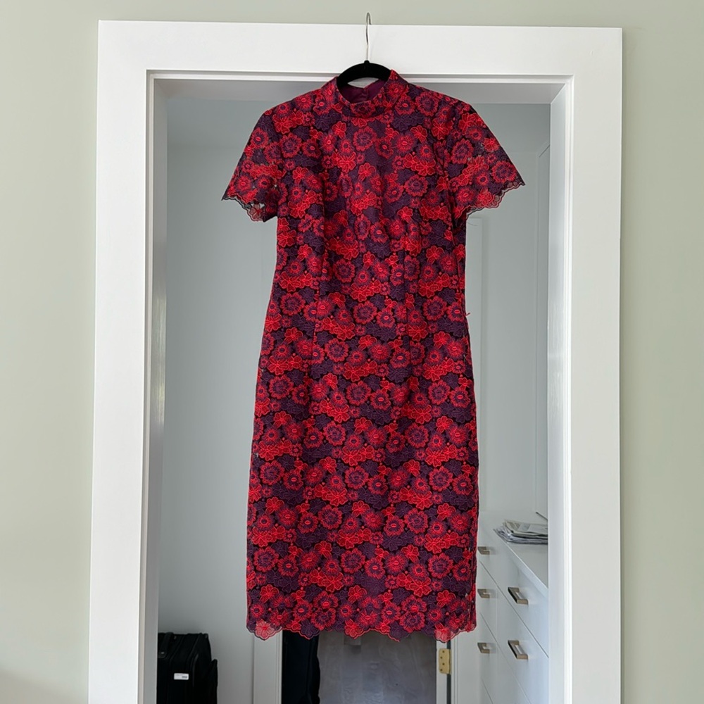 Trina Turk red and purple mock neck lace dress sz 4